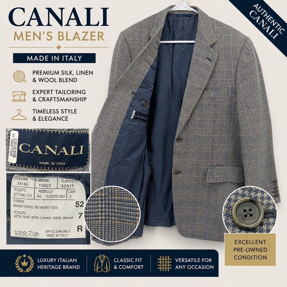 Canali Mens 42R (52 IT) Gray Blue Glen Plaid Silk Linen Wool Sport Coat Blazer